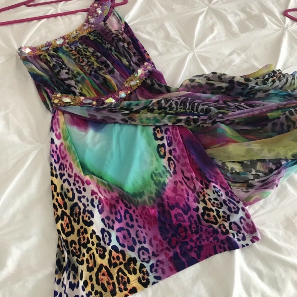 SOLD Unique colourful layered leopard one shoulder mini dress w/ rhinestones